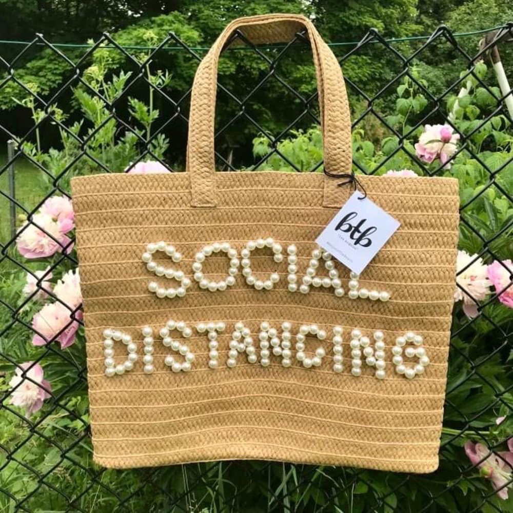 Beyond The Beach Paper Straw Tote Bag with Pearls -COVID Social Distancing *BNIP